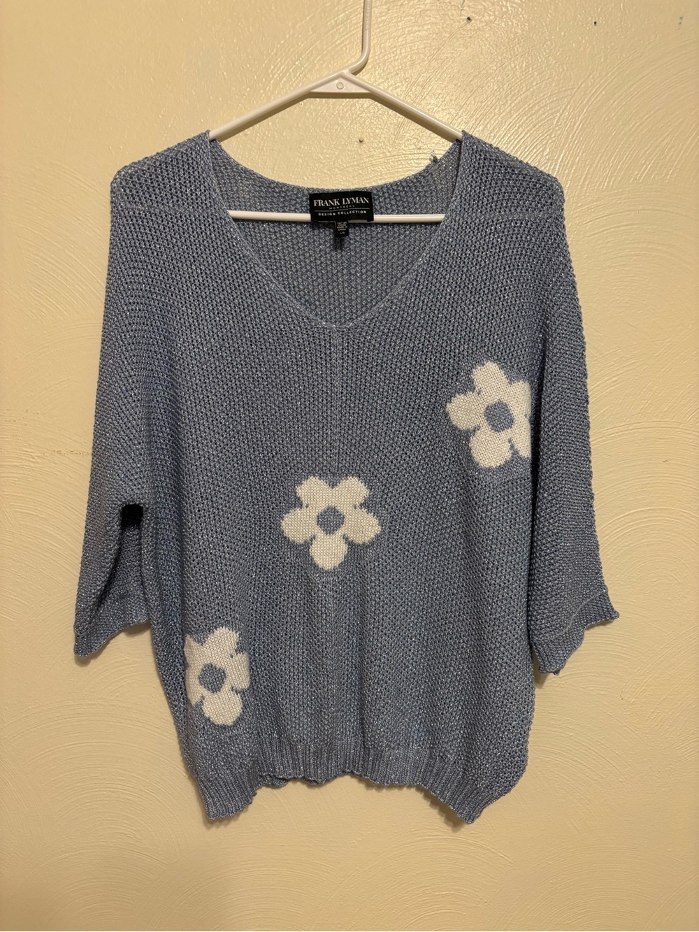 Frank Lyman Blue Silver Shimmer Floral Knit Sweater Top Large